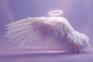 Poster - Delicate angel wings with a glowing halo against a soft purple background in an ethereal setting