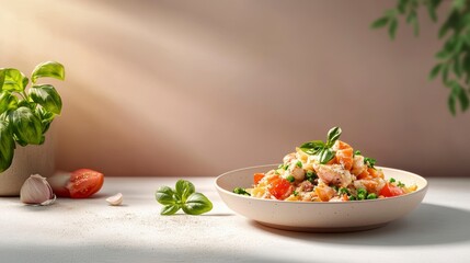 Poster - Creamy pasta dish with vegetables, garnished with basil, served in a bowl on a light background.