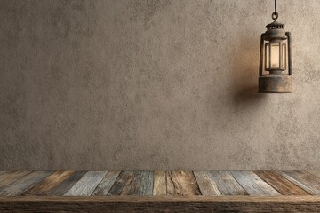 Poster - Rustic lantern hanging above a wooden table in a dimly lit indoor setting with textured wall