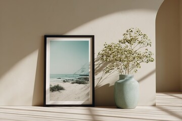 Poster - Modern interior design showcasing a coastal art print and decorative vase with plants in a sunlit room