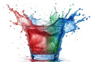 Poster - Water splashes in vibrant colors creating a stunning visual effect with ice cubes on a white background