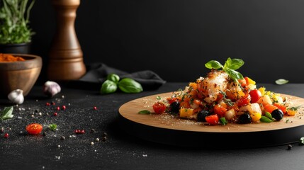 Poster - Delicious grilled fish with roasted vegetables on a wooden board.
