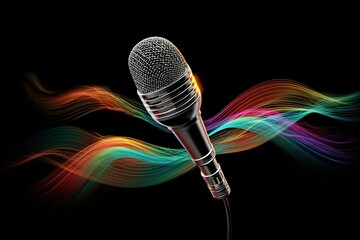 Poster - microphone surrounded by colorful sound waves creating an energetic atmosphere in a performance sett