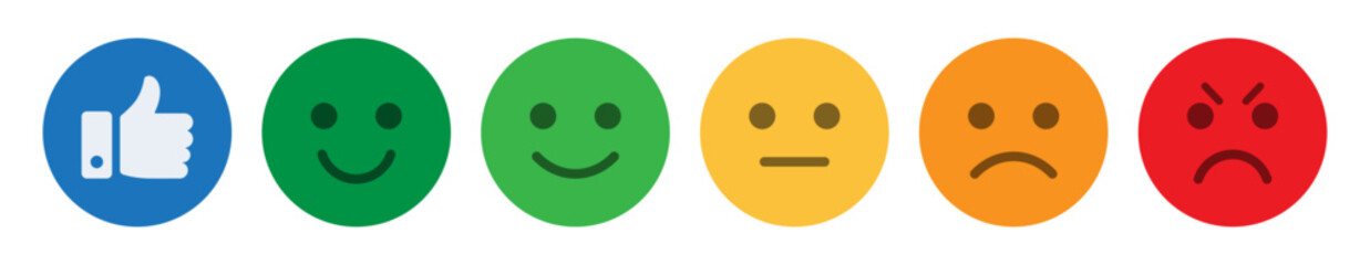 Aufkleber - Rating emoji set with best to worst feeling with like symbol for customer feedback Feedback rating smiley icon set.