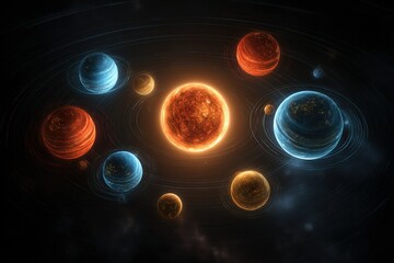 Poster - Colorful depiction of a solar system with multiple planets and a bright sun in a cosmic setting