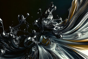 Aufkleber - Abstract metallic flowing liquid art with silver and gold tones against a dark background with a dramatic finish