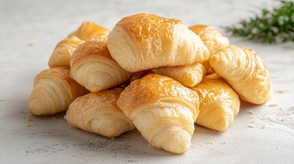 Poster - A close-up shot of a pile of golden-brown croissants on a light gray surface.