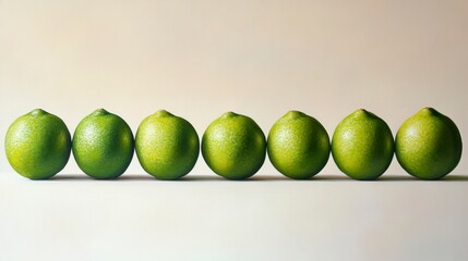 Poster - Seven limes in a row on a white surface, studio shot.
