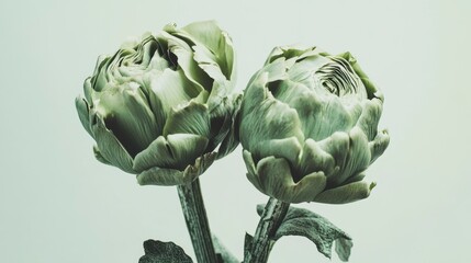 Poster - Two artichokes, close-up, muted green tones, delicate, elegant.