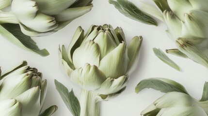 Poster - Close-up of fresh artichokes with leaves on white background.