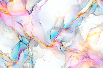Aufkleber - Abstract fluid art background featuring swirling pastel hues and sparkling golden veins decorative elegant design.