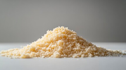 Poster - Close-up of a pile of finely grated cheese on a white surface against a gray background.