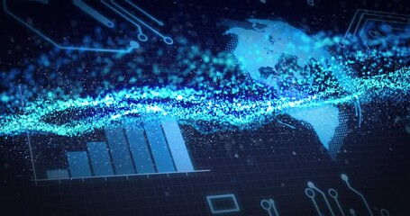 Poster - Flowing cyan-blue particle stream cutting through grid interface while bars rising under world map
