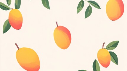 Poster - Scattered mangoes with leaves on a light background.