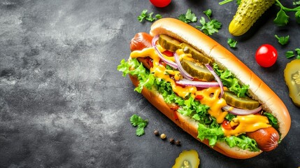 Poster - Delicious hot dog with mustard, lettuce, onion, pickles, and tomatoes on a bun.