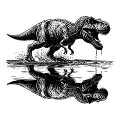 Wall Mural - tyrannosaurus rex or t rex walking on water with reflection black and white outline line art drawing