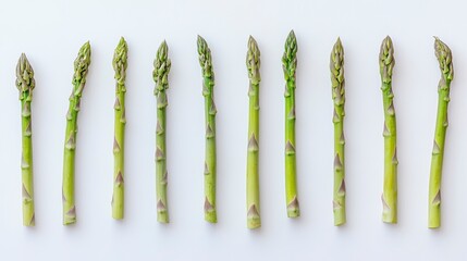 Poster - Twelve fresh green asparagus spears arranged in a row on a white background.