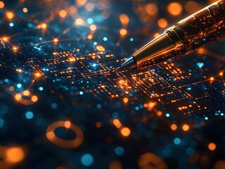 Poster - A legal contract signed with a golden pen  long title A detailed legal contract being signed with a golden pen surrounded by a glowing network of