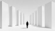 © photo for everything - A solitary figure stands in a bright, minimalist space lined with geometric pillars, creating an atmosphere of contemplation and serene solitude.