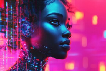 Poster - Afrofuturistic woman with cybernetic features in a vibrant neon setting, Afrofuturistic woman with cybernetic features against vibrant, technological backdrop