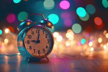 Poster - Vintage alarm clock with glitter and colorful bokeh lights creating a festive atmosphere, Glittery vintage alarm clock amid colorful bokeh lights