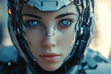 Poster - cinematic close up of female cyborg with glowing blue eyes in a futuristic setting, female cyborg po
