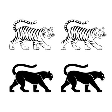 Set of stylized vector illustrations featuring two white tigers and two black panthers in a walking pose, rendered in bold black-and-white line art with mirrored symmetry.