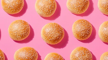 Poster - Top view of sesame seed buns arranged in neat rows on pink background.