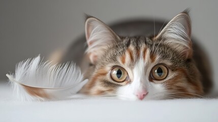 curious tabby cat with feather closeup pet portrait soft lighting warm colors