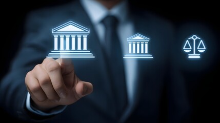 Poster - A business professional in a suit and tie interacting with digital icons representing government legal and technological systems suggesting innovative decision making and across sectors