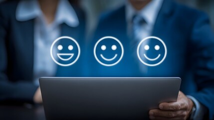 Poster - a group of business professionals in suits using a laptop to analyze customer feedback and satisfact
