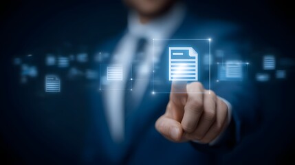 Poster - Businessman in a suit touching a glowing digital document management icon on a virtual interface representing technology and digital solutions for enterprise productivity and workflow optimization