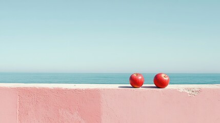 Poster - Two red apples rest on a pink wall overlooking a calm ocean under a clear sky.