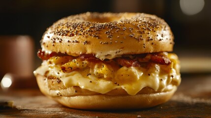 Poster - Delicious poppy seed bagel with bacon, egg, and cheese.