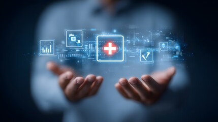 Poster - hands presenting a futuristic digital healthcare interface with medical symbols data analytics and c