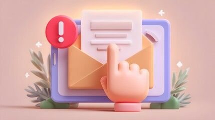 Poster - Colorful digital icons representing notification email and document communication surrounded by organic plant and leaf elements in a contemporary minimalist style