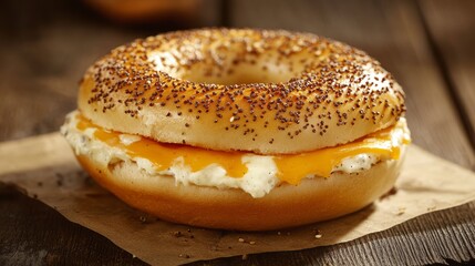 Poster - Close-up of a poppy seed bagel with cream cheese and cheddar cheese.