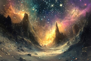 Poster - Vibrant dreamscape with gem-studded canyon under a shining cosmic sky filled with stars and colors, Abstract dreamscape gem studded tall canyon under supernova stars