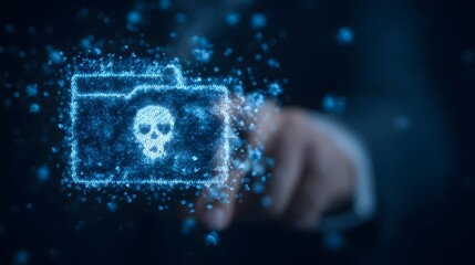 Poster - futuristic digital depicting a security alert with a glowing skull icon warning against online threa