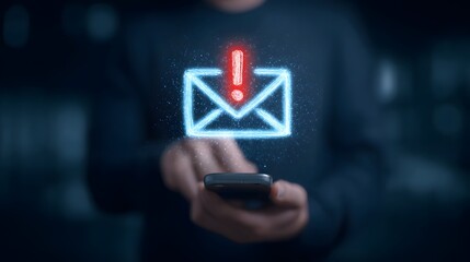 Poster - close up of a hand holding a smartphone with a red exclamation mark icon indicating an urgent notifi