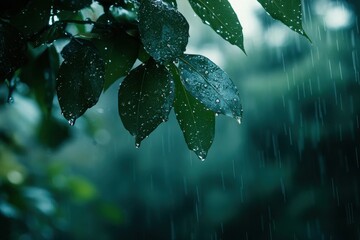 Poster - Heavy raindrops cascade over lush green leaves during a tranquil afternoon in a vibrant forest, Heavy raindrops fall with alpha ed