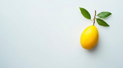 Poster - Single ripe yellow passion fruit with green leaves on a white background.