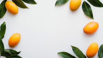 Poster - Flat lay of ripe mangoes with leaves on white background.