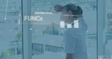 Poster - Businesswoman shielding eyes by glass office window, interacting with digital charts overlay