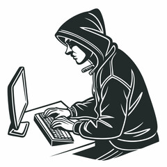 hacker silhouette typing on computer keyboard in hoodie black and white