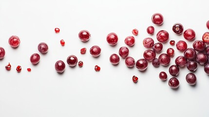 Poster - Red grapes and pomegranate seeds scattered on white background.