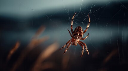 Large spider rests amidst its fine, intricate web in a dimly lit, dark setting. The spider's detailed coloration and the web are clearly visible against the dark backdrop.
