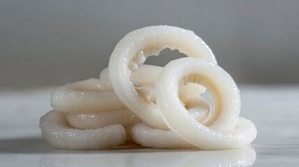 Poster - Close-up of fresh, white squid rings on a marble surface.