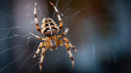 Large spider rests amidst its fine, intricate web in a dimly lit, dark setting. The spider's detailed coloration and the web are clearly visible against the dark backdrop.