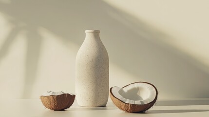 Poster - A speckled bottle beside halved coconuts, bathed in sunlight.